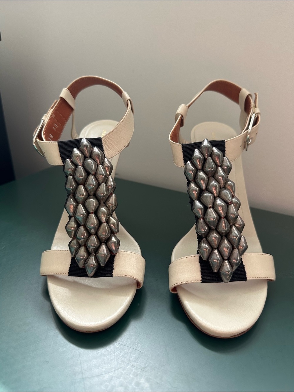 Dries Van Noten Cream Leather High Heel Sandals with Pewter Beads